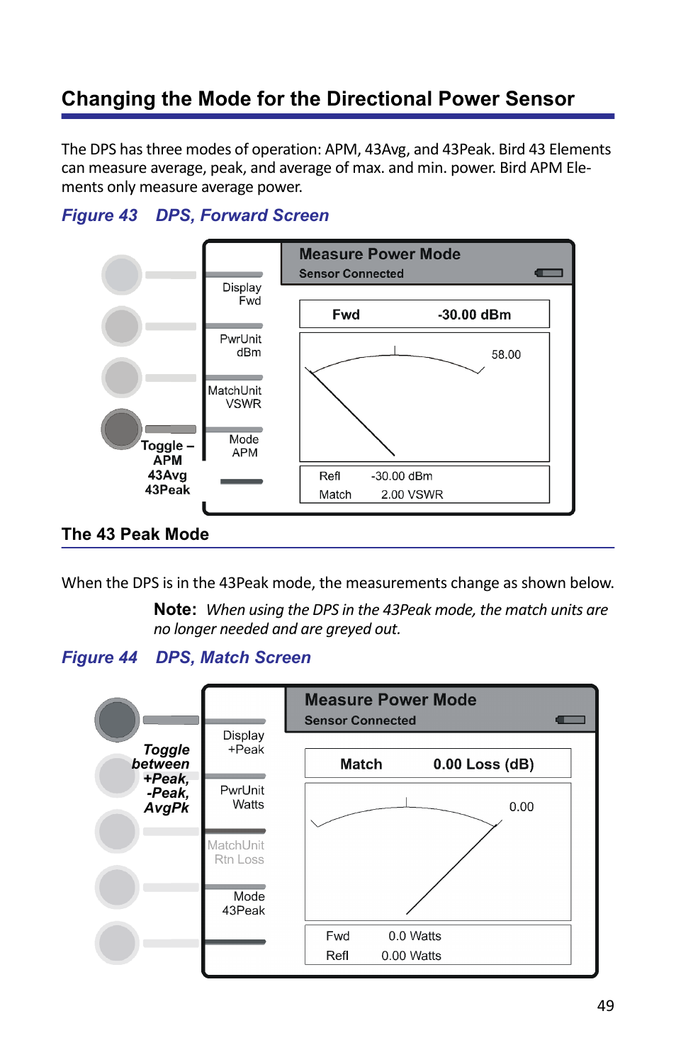 Changing the mode for the directional power sensor, Figure 43 dps, forward screen, The 43 peak mode | Figure 44 dps, match screen | Bird Technologies SA-6000XT-Manual User Manual | Page 65 / 112