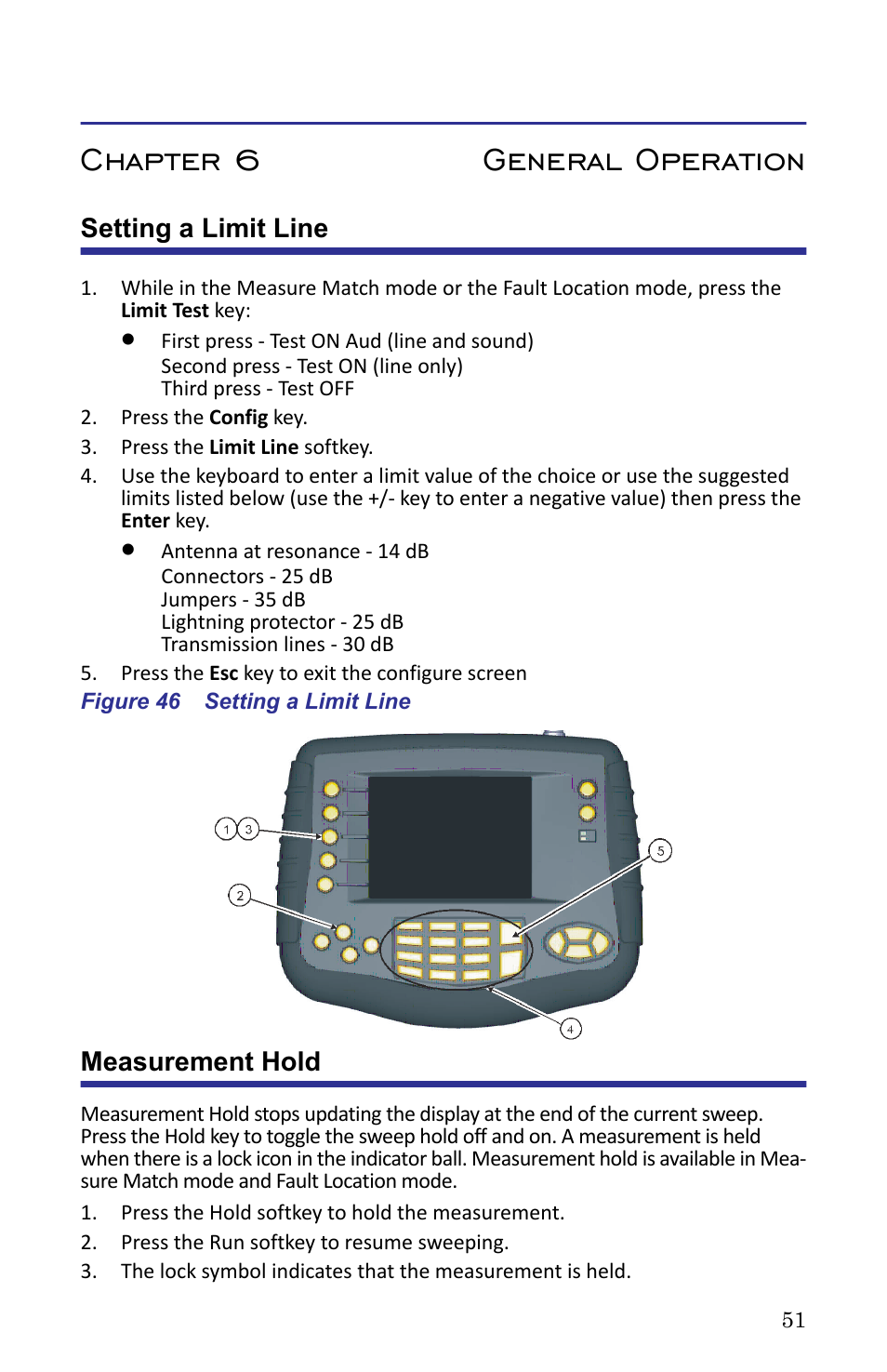 Chapter 6 general operation, Setting a limit line, Figure 46 setting a limit line | Measurement hold, Setting a limit line measurement hold | Bird Technologies SA-6000XT-Manual User Manual | Page 67 / 112