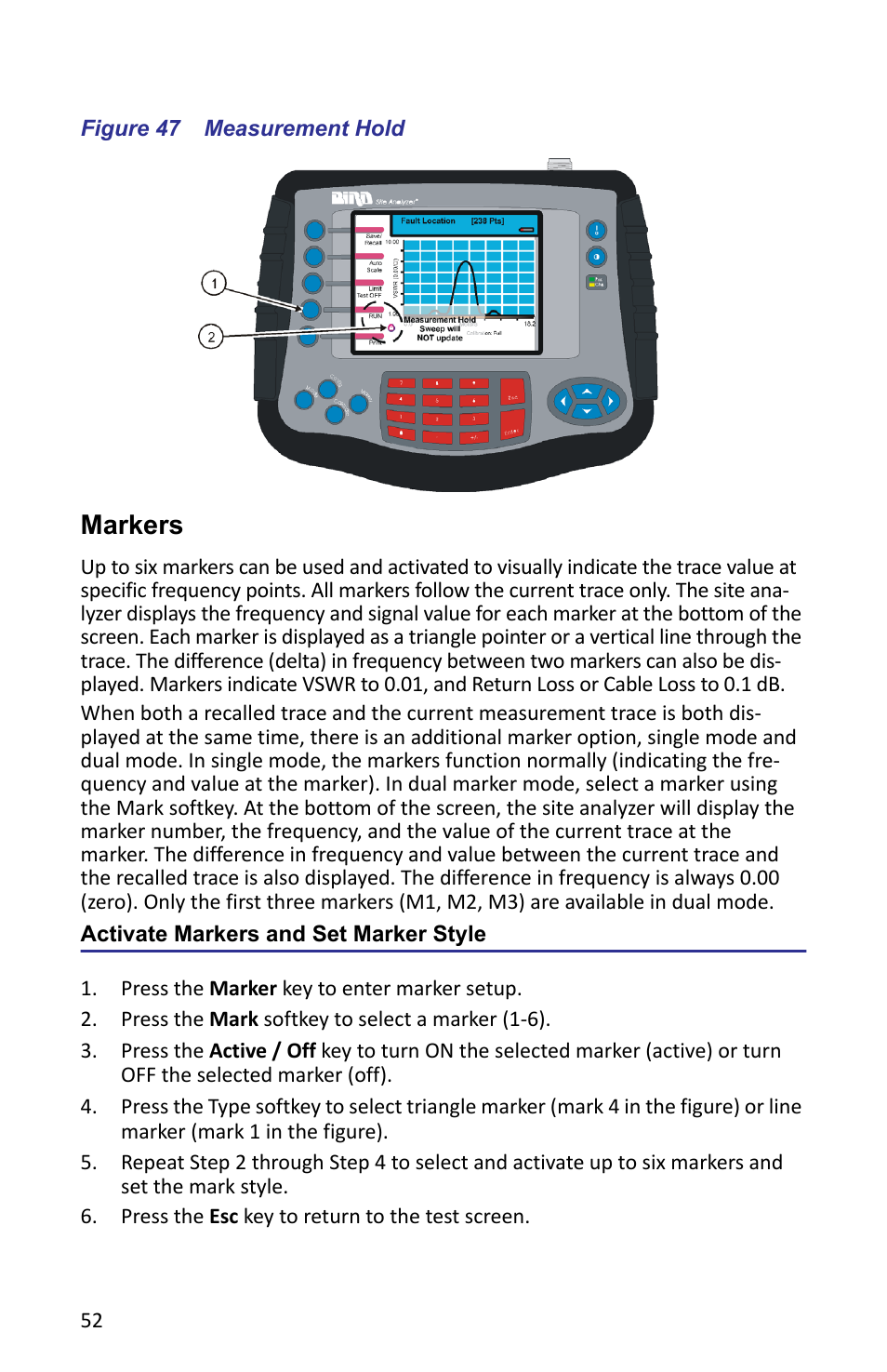 Figure 47 measurement hold, Activate markers and set marker style, Markers | Bird Technologies SA-6000XT-Manual User Manual | Page 68 / 112