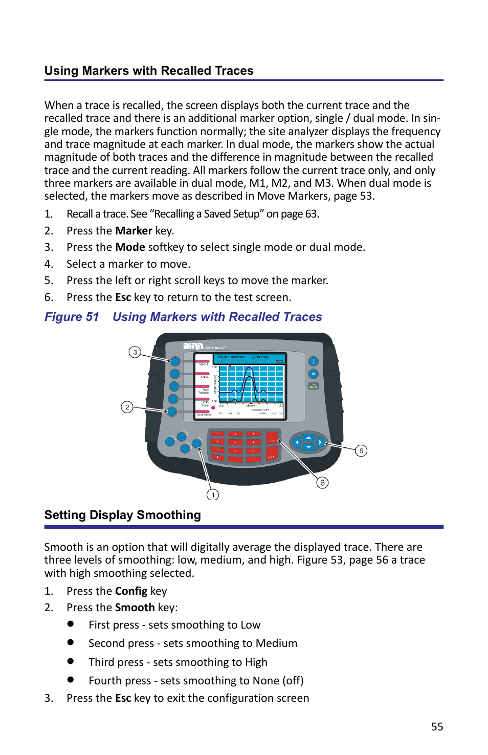 Using markers with recalled traces, Figure 51 using markers with recalled traces, Setting display smoothing | Bird Technologies SA-6000XT-Manual User Manual | Page 71 / 112