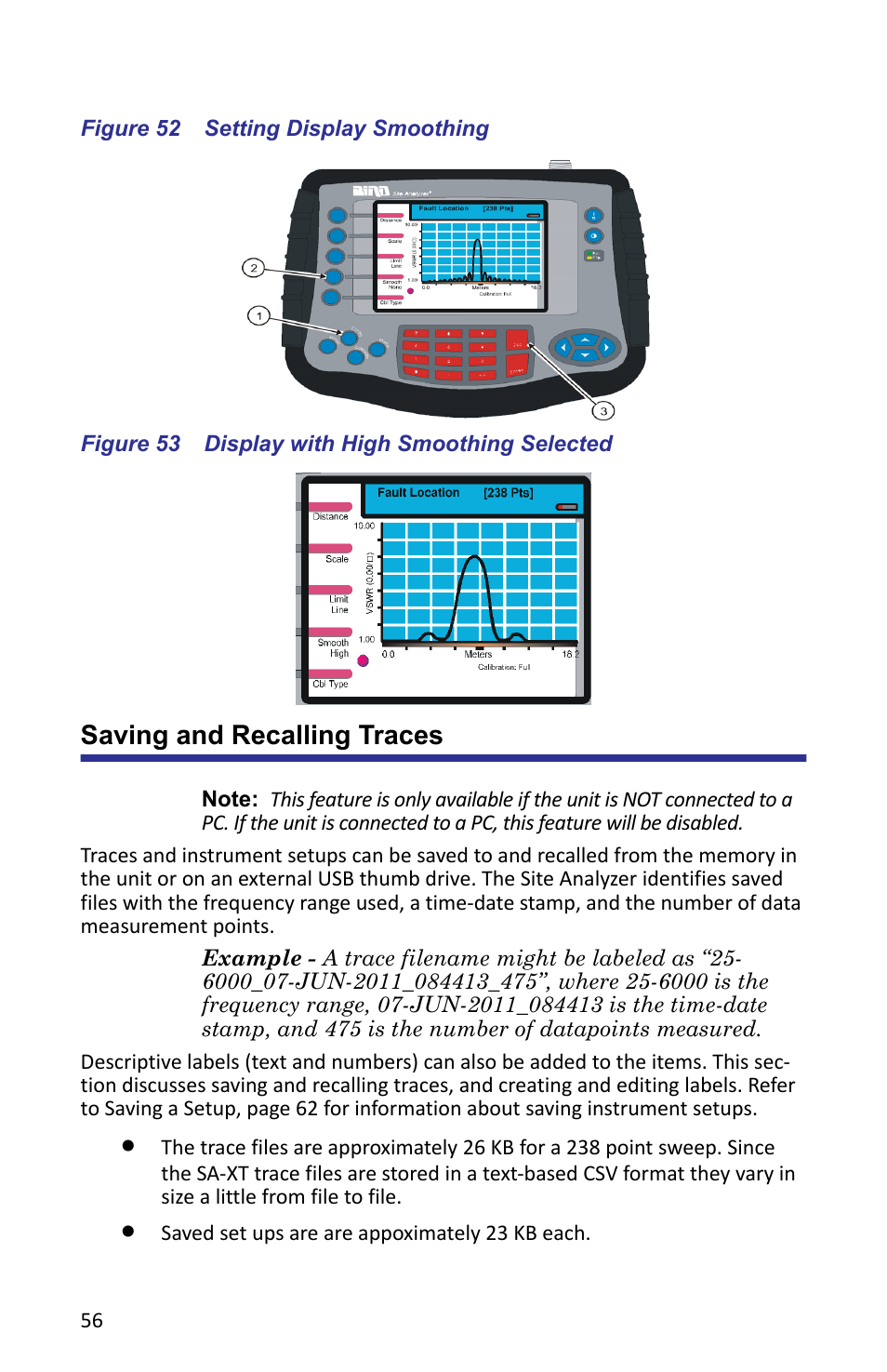 Figure 52 setting display smoothing, Figure 53 display with high smoothing selected, Saving and recalling traces | Bird Technologies SA-6000XT-Manual User Manual | Page 72 / 112