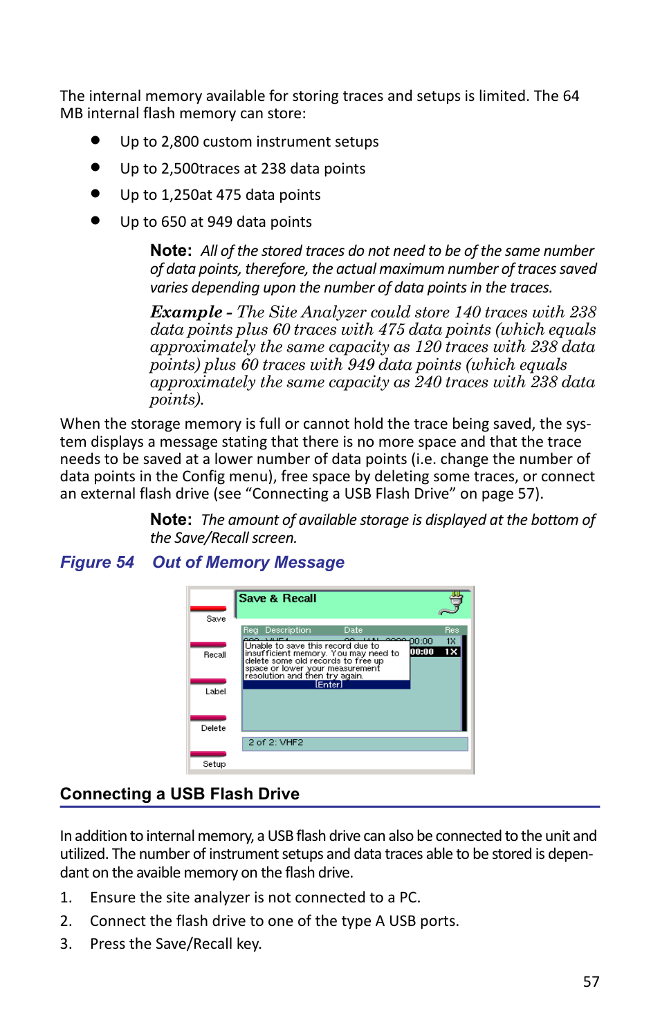 Figure 54 out of memory message, Connecting a usb flash drive | Bird Technologies SA-6000XT-Manual User Manual | Page 73 / 112