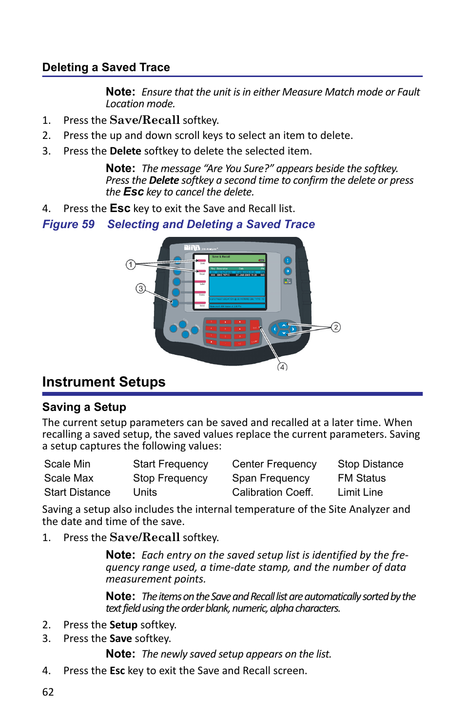 Deleting a saved trace, Figure 59 selecting and deleting a saved trace, Instrument setups | Saving a setup | Bird Technologies SA-6000XT-Manual User Manual | Page 78 / 112