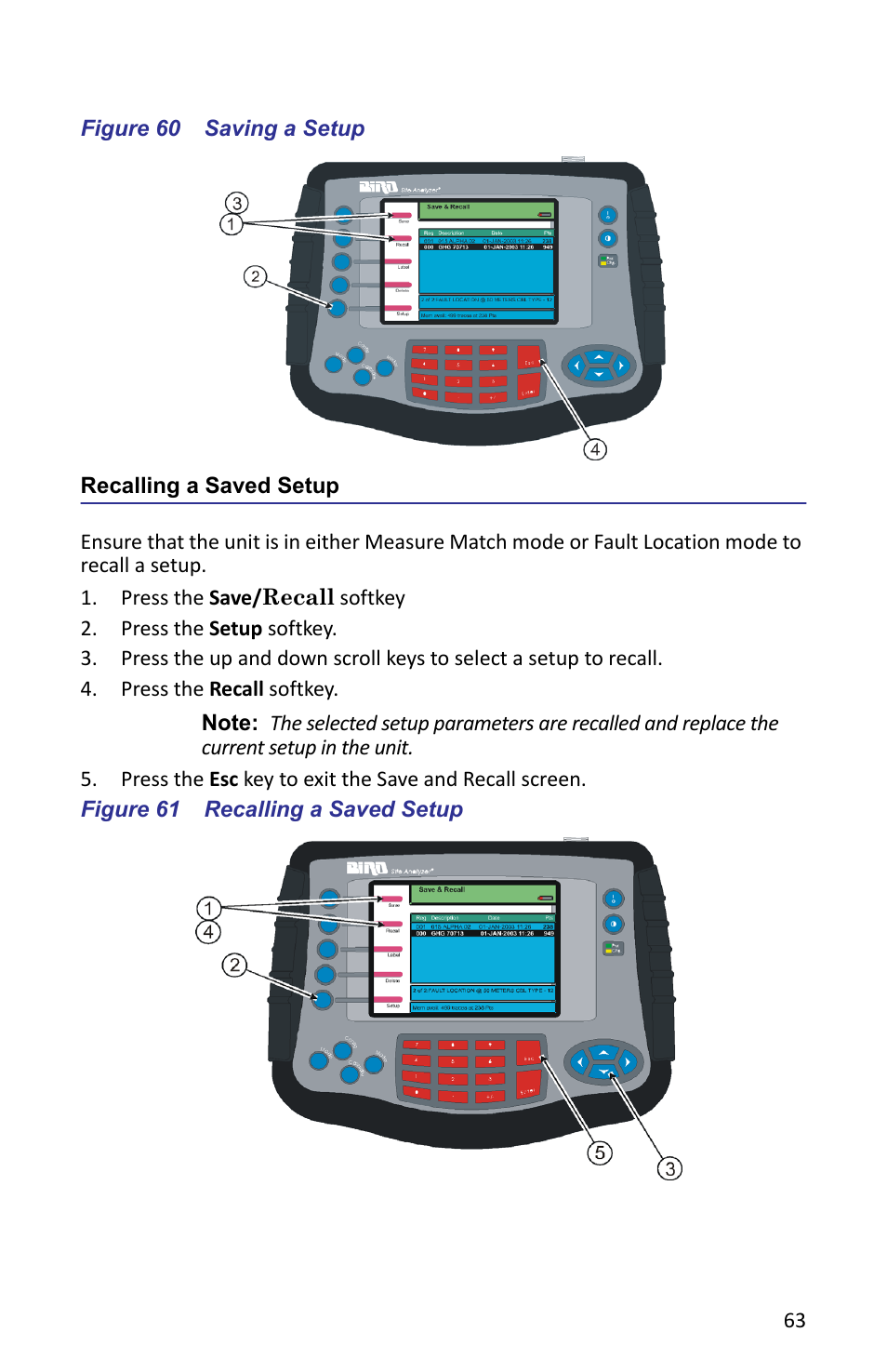 Figure 60 saving a setup, Recalling a saved setup, Figure 61 recalling a saved setup | Bird Technologies SA-6000XT-Manual User Manual | Page 79 / 112