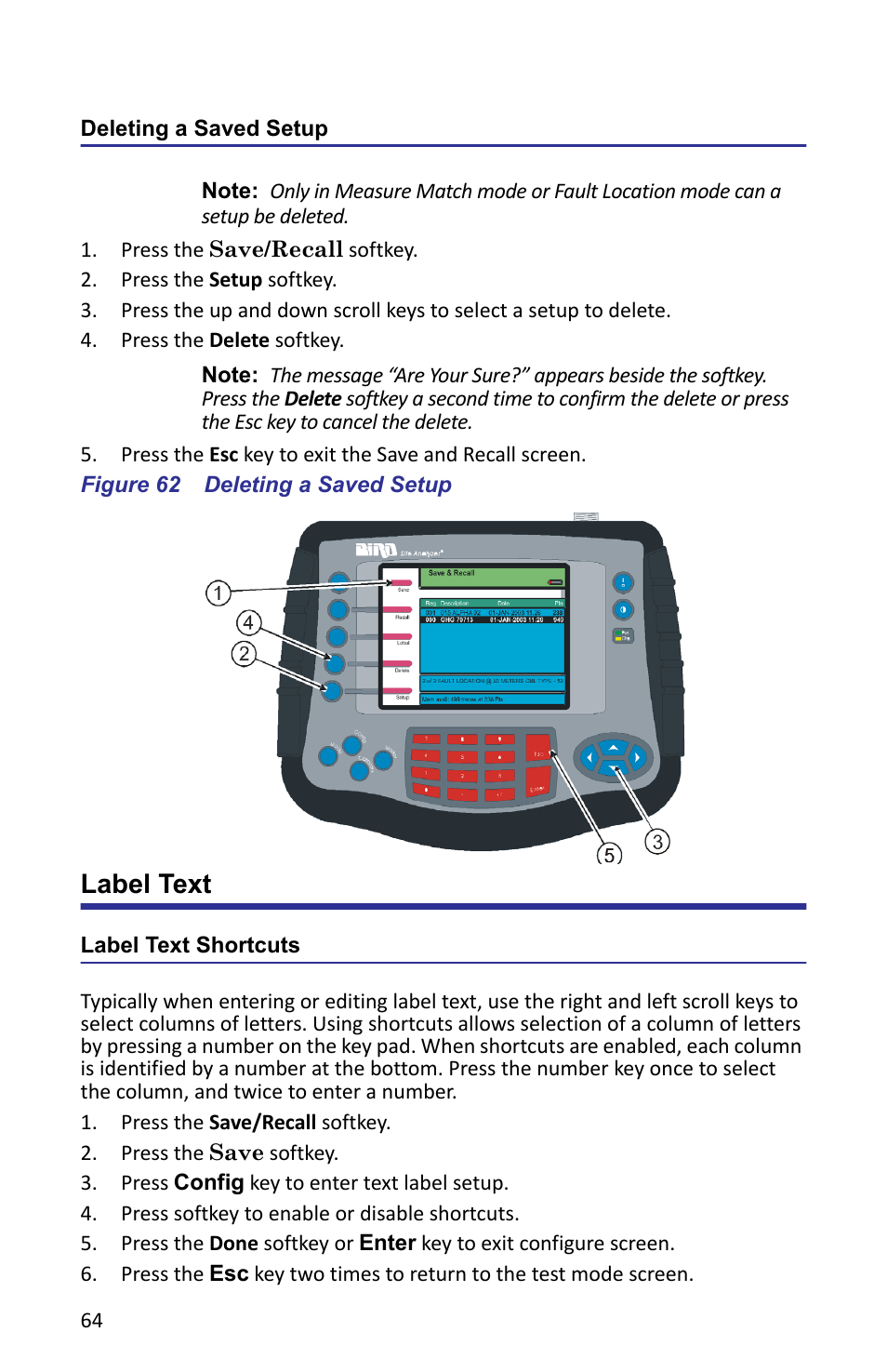 Deleting a saved setup, Figure 62 deleting a saved setup, Label text | Label text shortcuts | Bird Technologies SA-6000XT-Manual User Manual | Page 80 / 112