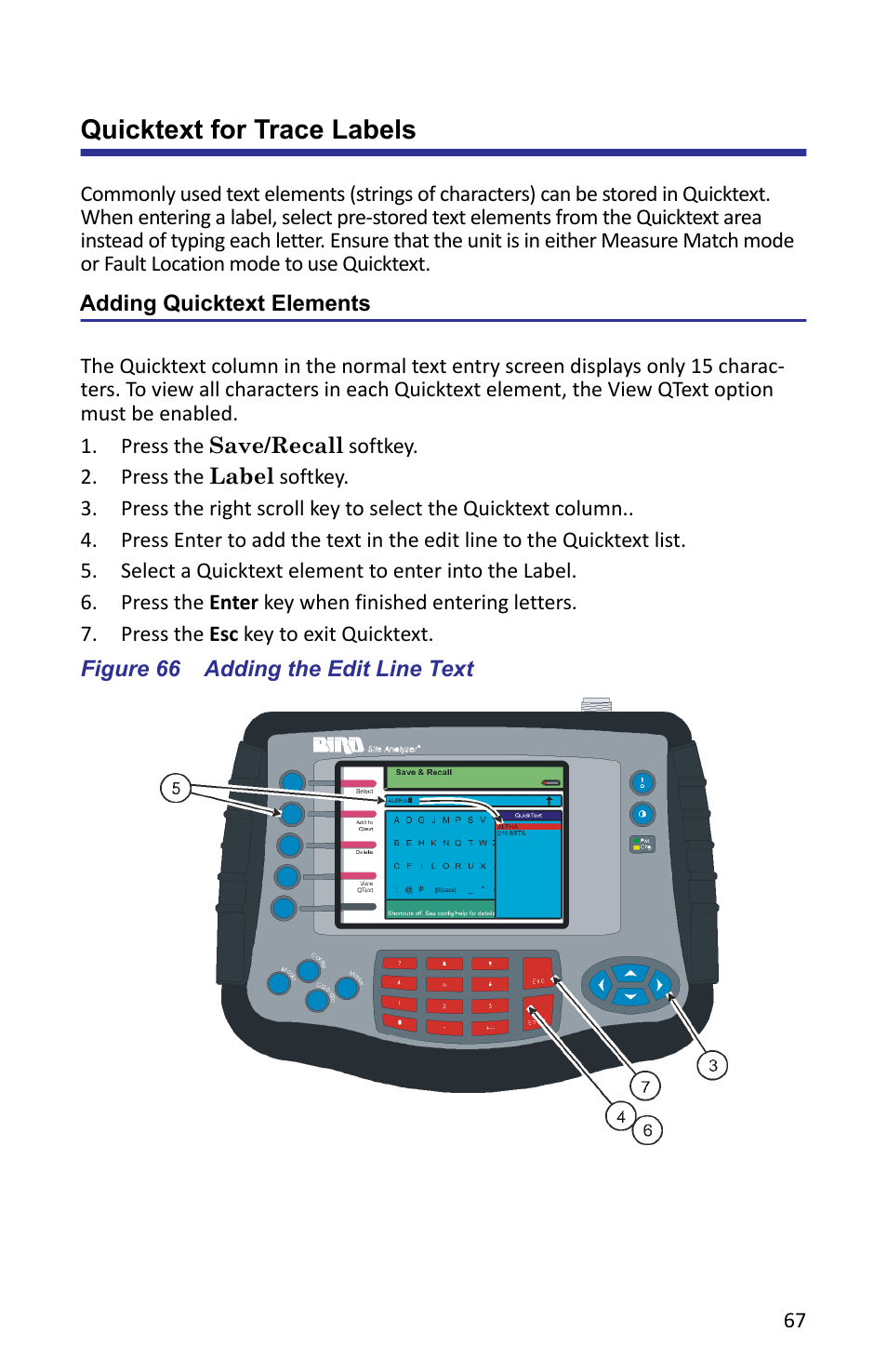 Quicktext for trace labels, Adding quicktext elements, Figure 66 adding the edit line text | Bird Technologies SA-6000XT-Manual User Manual | Page 83 / 112