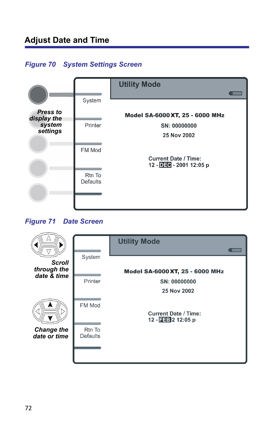 Adjust date and time, Figure 70 system settings screen, Figure 71 date screen | Bird Technologies SA-6000XT-Manual User Manual | Page 88 / 112