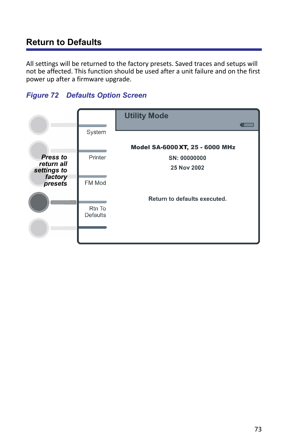 Return to defaults, Figure 72 defaults option screen | Bird Technologies SA-6000XT-Manual User Manual | Page 89 / 112