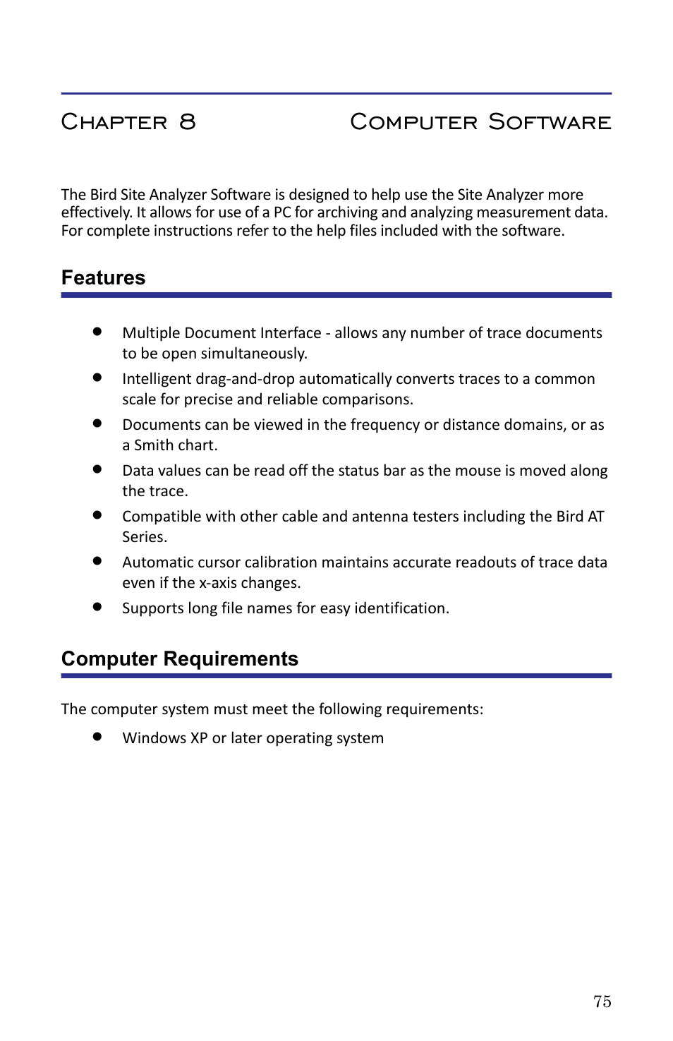 Chapter 8 computer software, Features, Computer requirements | Features computer requirements | Bird Technologies SA-6000XT-Manual User Manual | Page 91 / 112