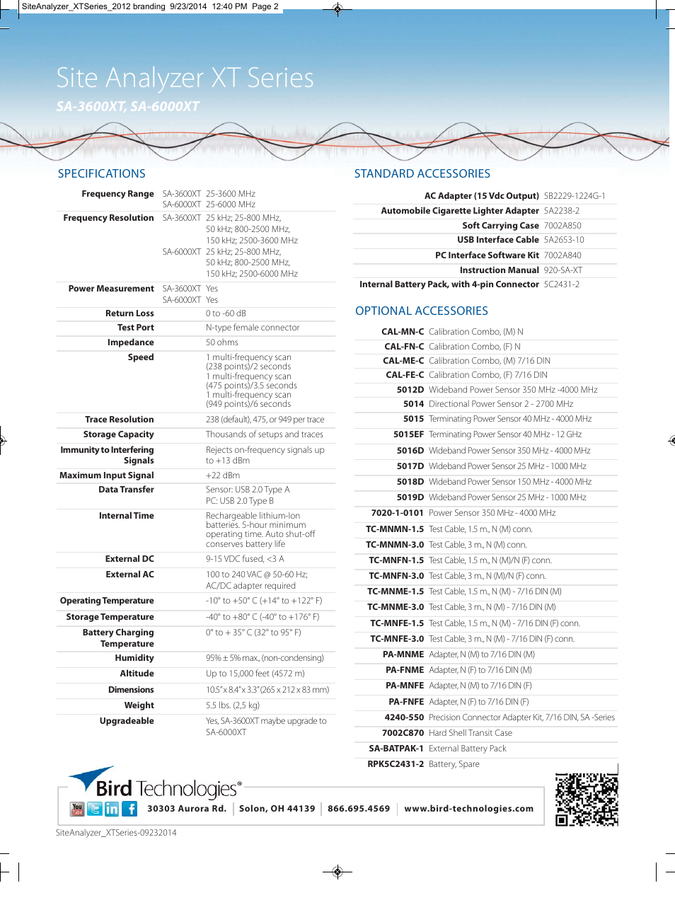 Site analyzer xt series, Specifications, Standard accessories | Optional accessories | Bird Technologies SA-6000XT-Datasheet User Manual | Page 2 / 2