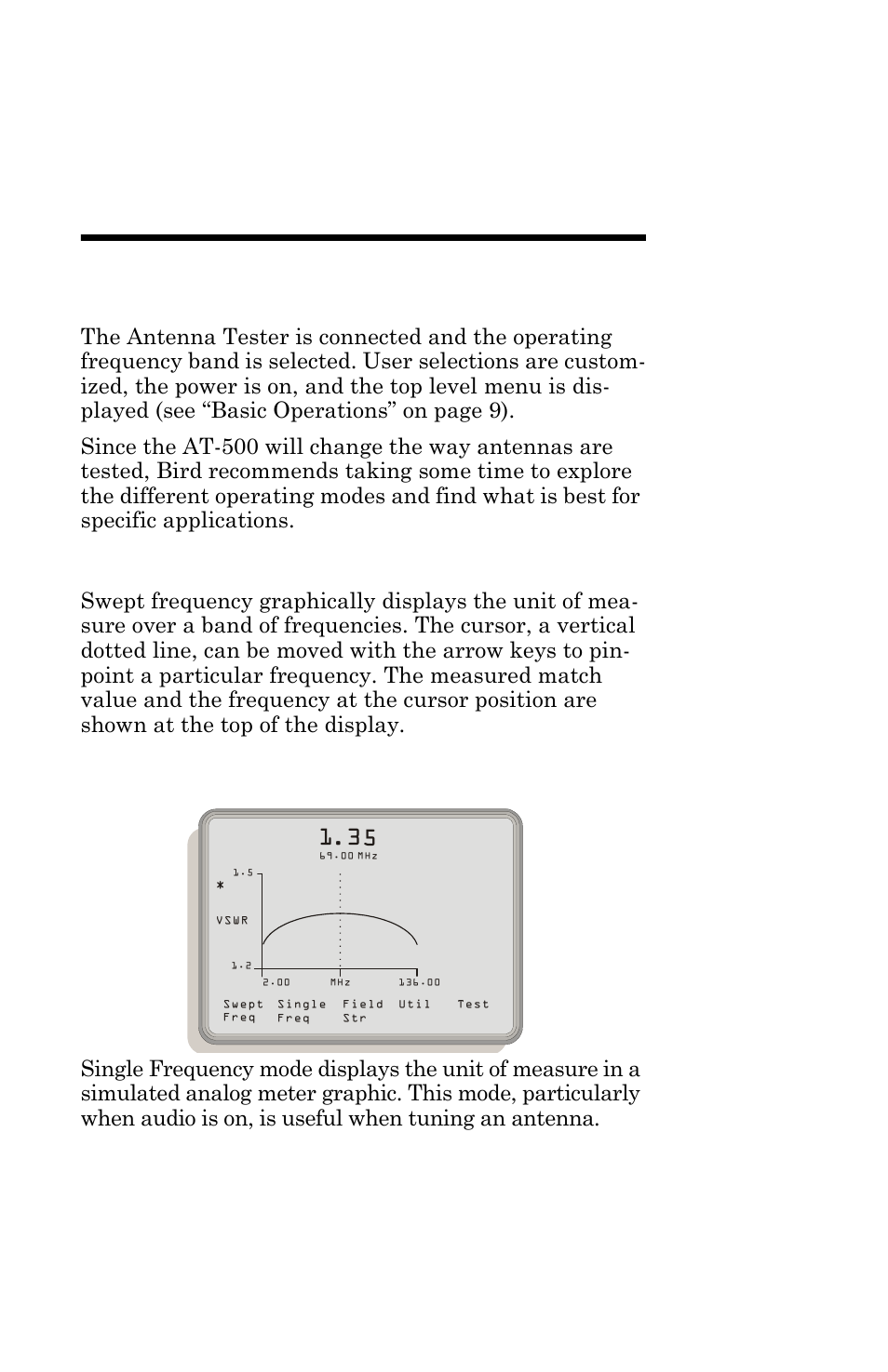 Chapter 4 measure match, Understanding the operating modes, Swept frequency vs. single frequency | Figure 5 swept frequency, Swept frequency vs | Bird Technologies AT-500-Manual User Manual | Page 37 / 73