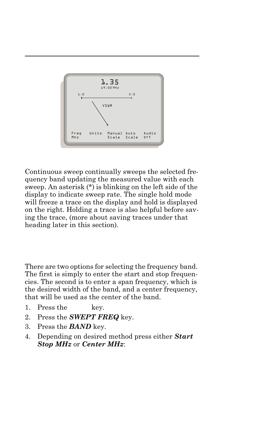 Figure 10 manual scaling single frequency model, Sweep type-single hold vs. continuous, Swept frequency | Select frequency band, Sweep type-single hold vs | Bird Technologies AT-500-Manual User Manual | Page 41 / 73