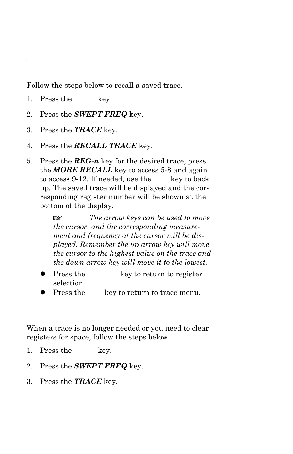 Recalling a trace, Clearing a trace, Recalling a trace clearing a trace | Bird Technologies AT-500-Manual User Manual | Page 47 / 73