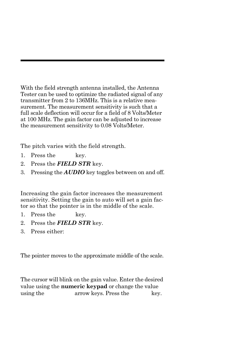 Chapter 5 field strength, Field strength measurement, Turn audio on/off | Enter gain factor / select auto gain | Bird Technologies AT-500-Manual User Manual | Page 55 / 73