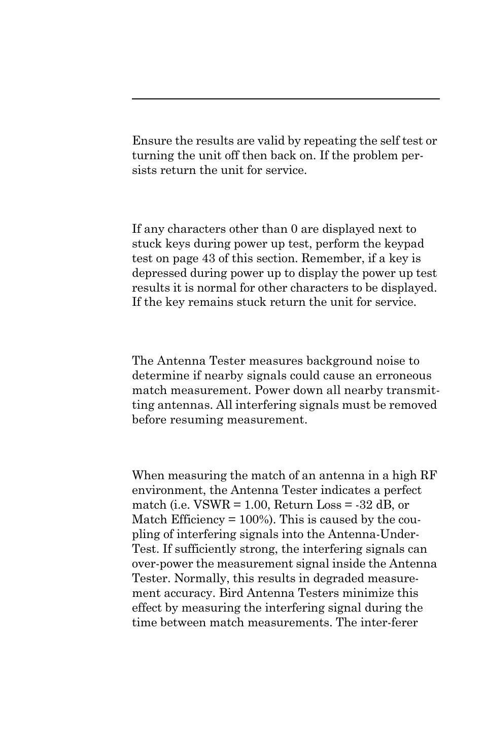 Rom, eeprom, ram, a/d, tempr, pll test fails, Stuck keys test fails, Noise” is displayed during testing | Antenna tester indicates a perfect match, Rom, eeprom, ram, Stuck keys test fails “noise” is displayed, Antenna tester indicates | Bird Technologies AT-500-Manual User Manual | Page 66 / 73