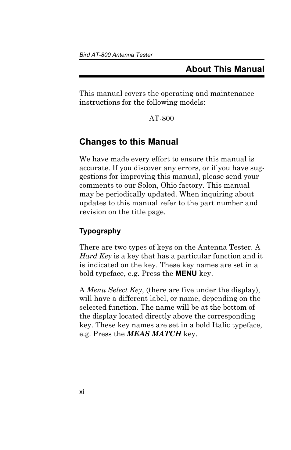 About this manual, Changes to this manual, Typography | Bird Technologies AT-800-Manual User Manual | Page 12 / 74