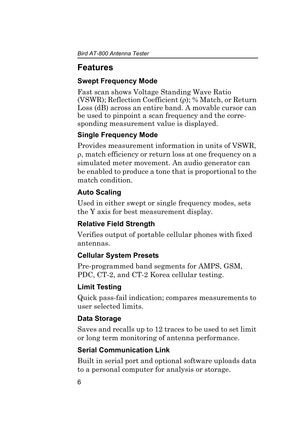 Features, Swept frequency mode, Single frequency mode | Auto scaling, Relative field strength, Cellular system presets, Limit testing, Data storage, Serial communication link | Bird Technologies AT-800-Manual User Manual | Page 24 / 74