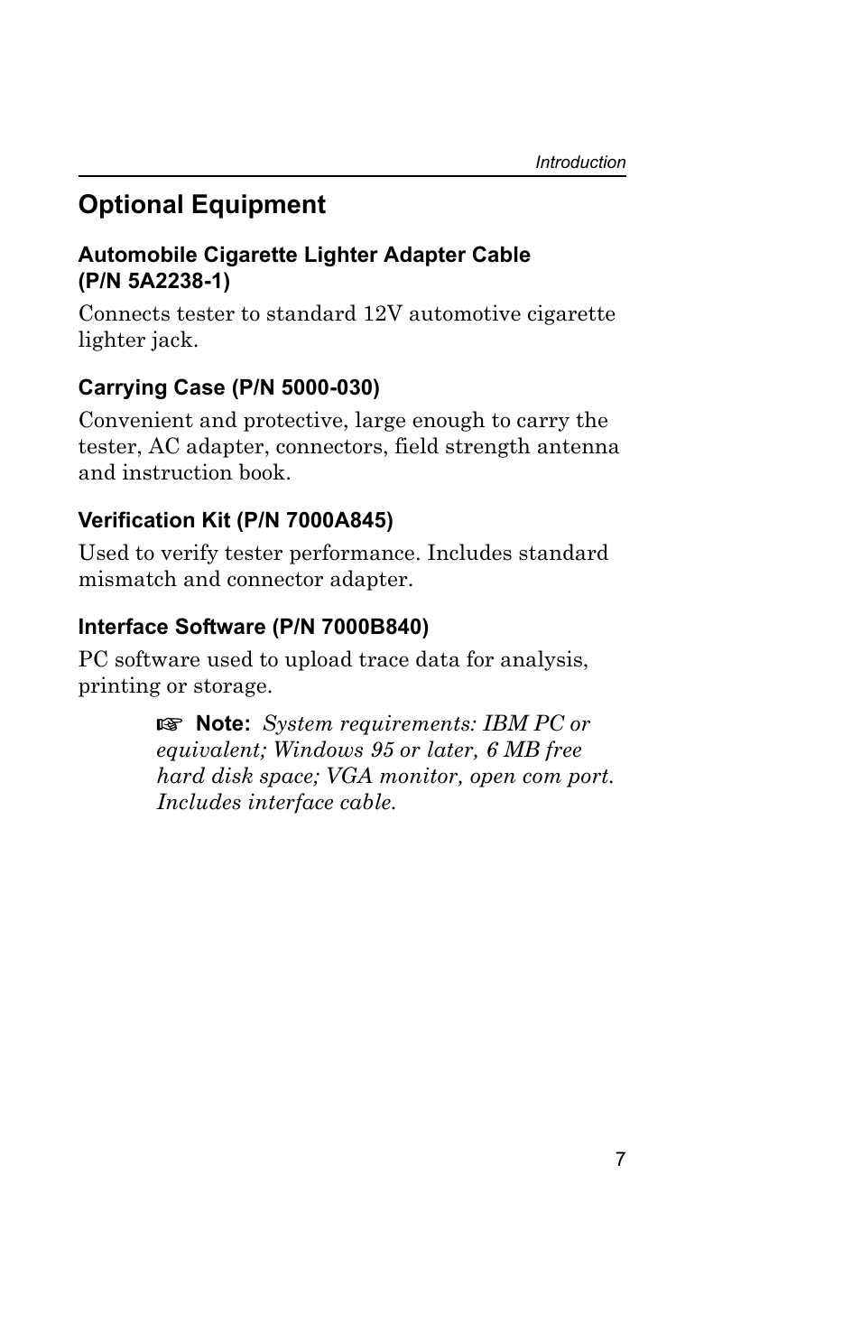 Optional equipment, Carrying case (p/n 5000-030), Verification kit (p/n 7000a845) | Interface software (p/n 7000b840), Automobile cigarette | Bird Technologies AT-800-Manual User Manual | Page 25 / 74