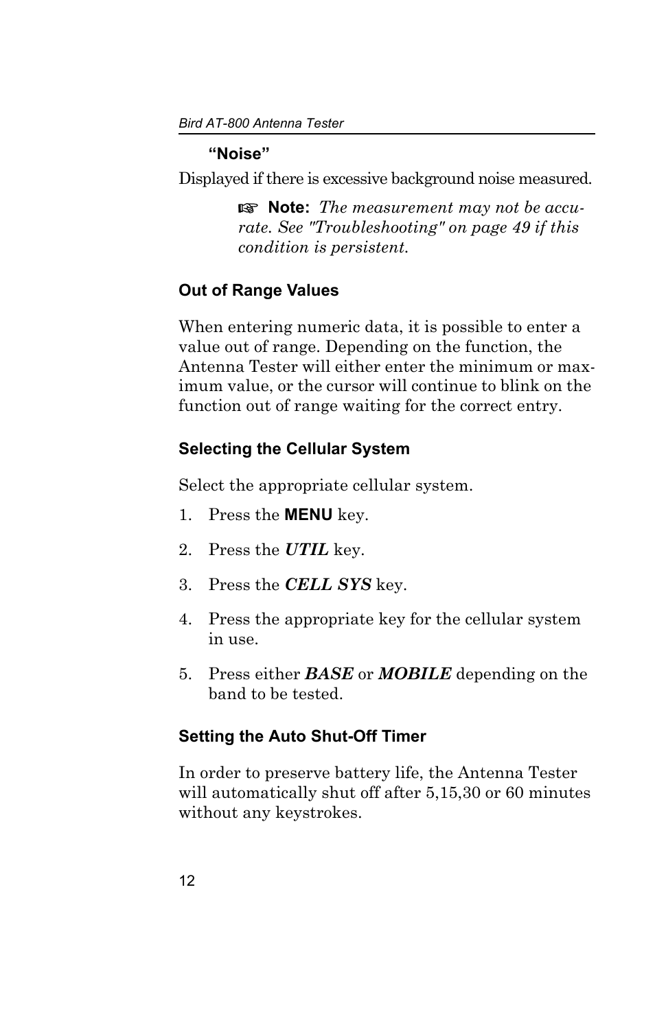 Out of range values, Selecting the cellular system, Setting the auto shut-off timer | Bird Technologies AT-800-Manual User Manual | Page 30 / 74