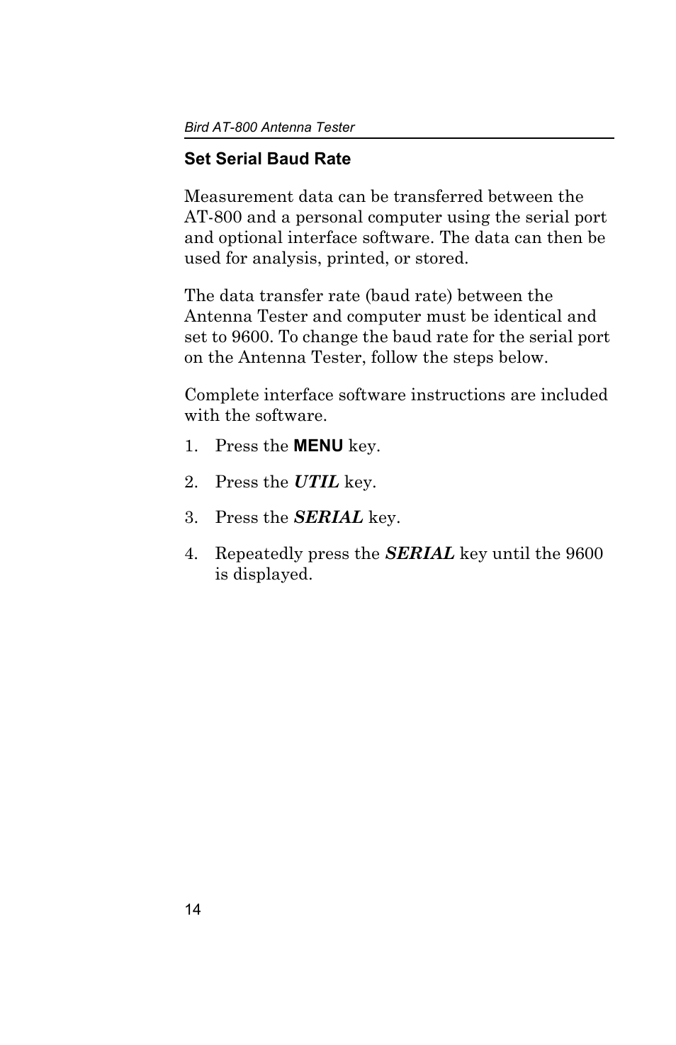 Set serial baud rate | Bird Technologies AT-800-Manual User Manual | Page 32 / 74