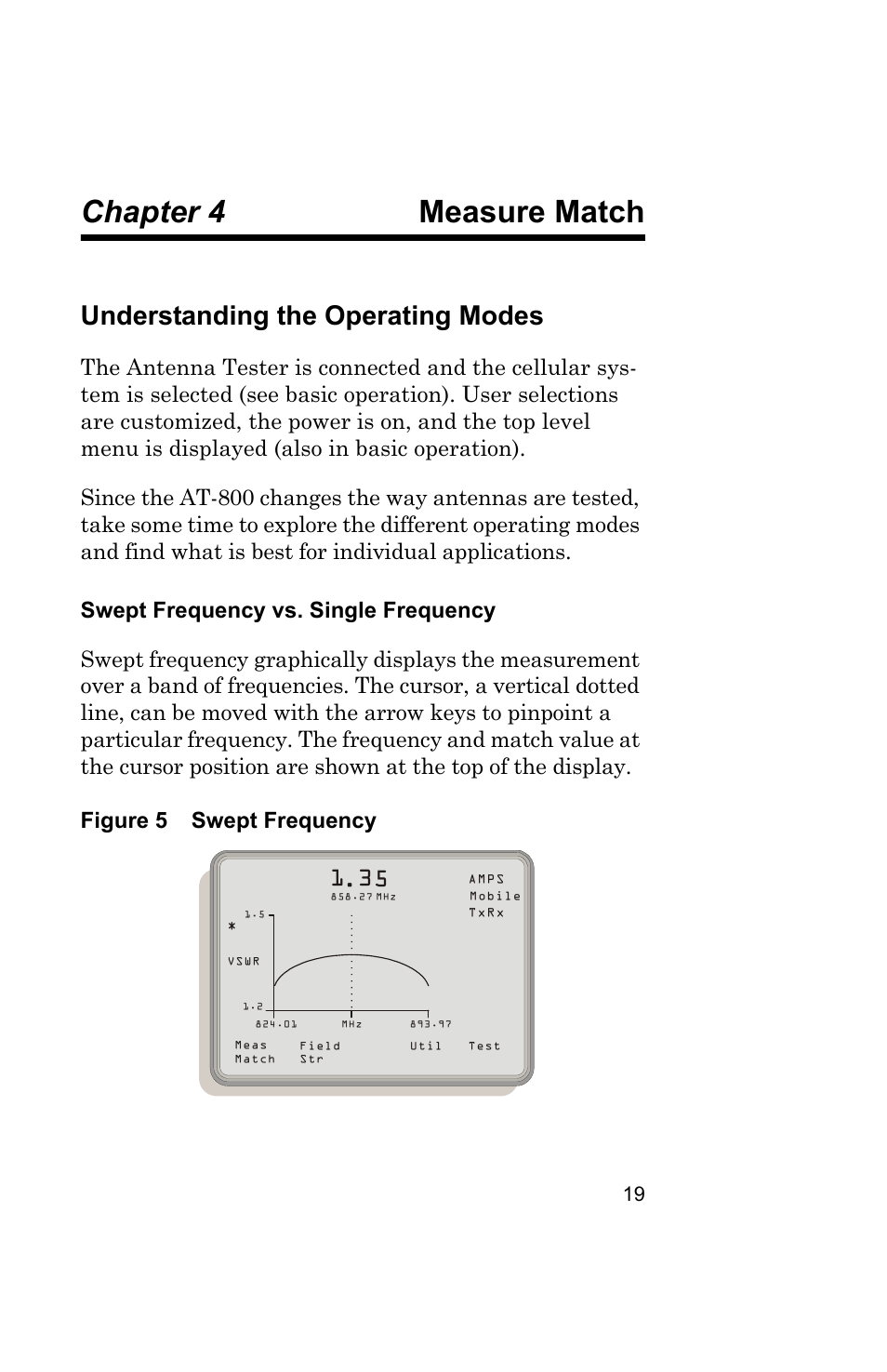 Chapter 4 measure match, Understanding the operating modes, Swept frequency vs. single frequency | Figure 5 swept frequency, Swept frequency vs | Bird Technologies AT-800-Manual User Manual | Page 37 / 74