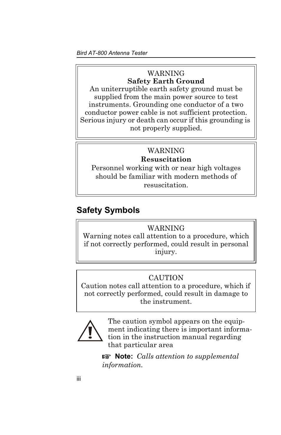 Safety symbols | Bird Technologies AT-800-Manual User Manual | Page 4 / 74