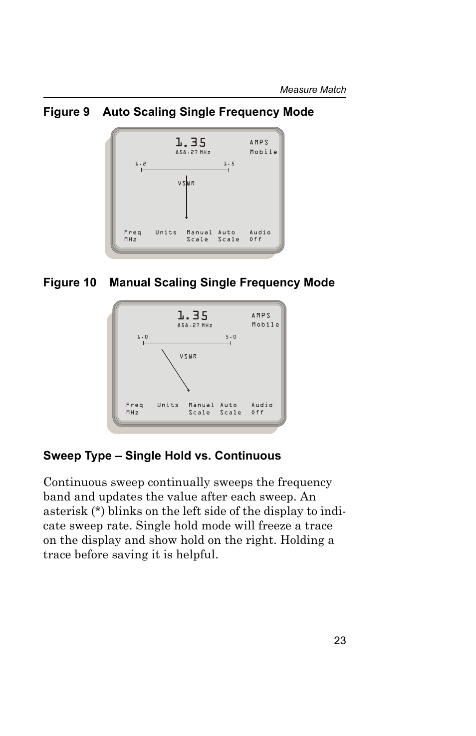 Figure 9 auto scaling single frequency mode, Figure 10 manual scaling single frequency mode, Sweep type – single hold vs. continuous | Sweep type – single hold vs, Measure match | Bird Technologies AT-800-Manual User Manual | Page 41 / 74