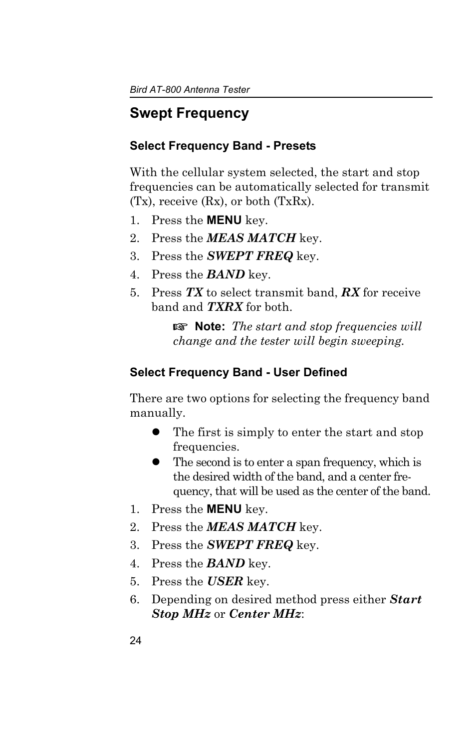 Swept frequency, Select frequency band - presets, Select frequency band - user defined | Bird Technologies AT-800-Manual User Manual | Page 42 / 74