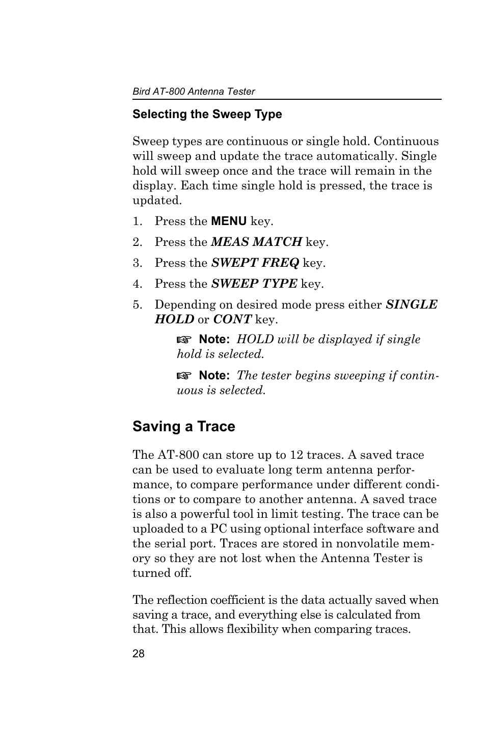 Selecting the sweep type, Saving a trace | Bird Technologies AT-800-Manual User Manual | Page 46 / 74