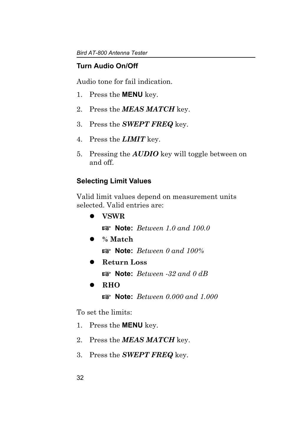 Turn audio on/off, Selecting limit values, Turn audio on/off selecting limit values | Bird Technologies AT-800-Manual User Manual | Page 50 / 74
