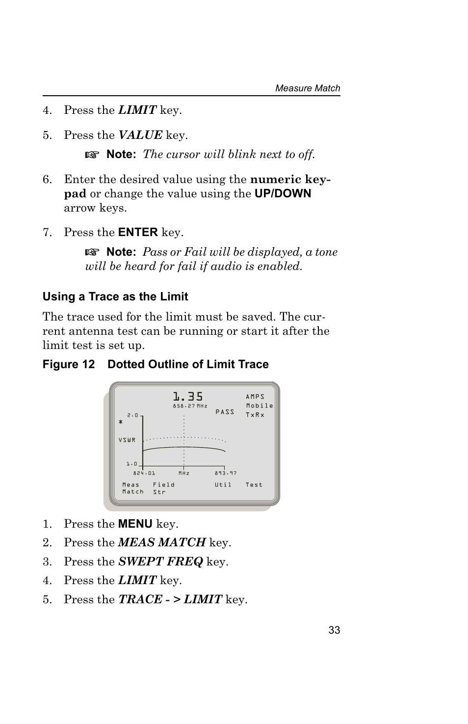Using a trace as the limit, Figure 12 dotted outline of limit trace, Press the limit key. 5. press the value key | Bird Technologies AT-800-Manual User Manual | Page 51 / 74