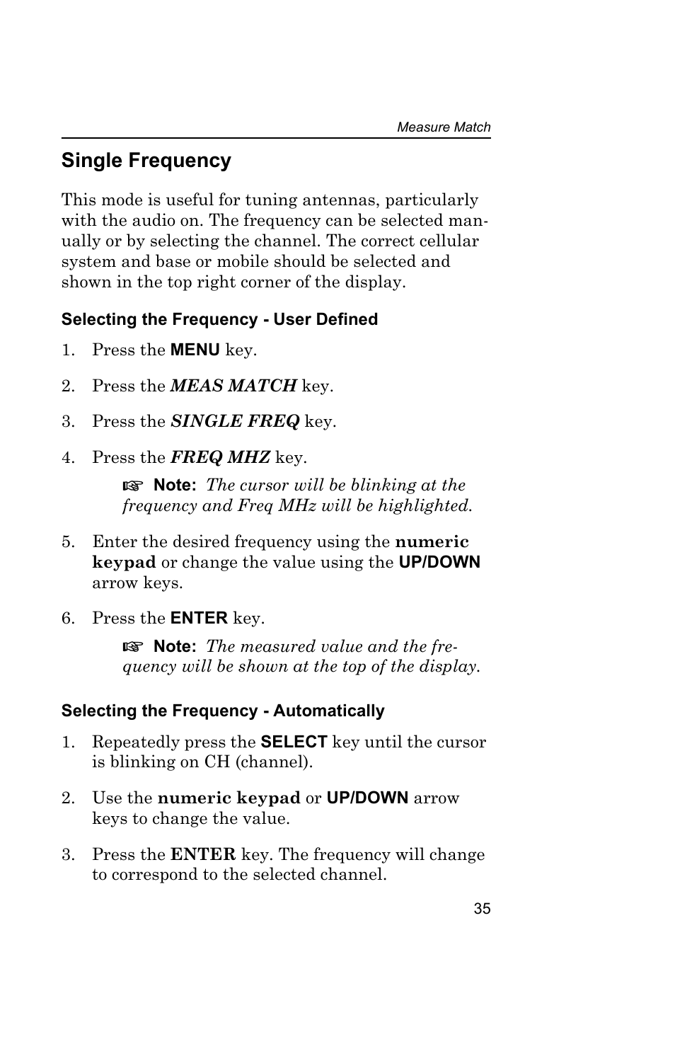 Single frequency, Selecting the frequency - user defined, Selecting the frequency - automatically | Selecting the frequency | Bird Technologies AT-800-Manual User Manual | Page 53 / 74