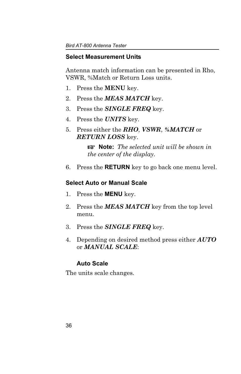 Select measurement units, Select auto or manual scale | Bird Technologies AT-800-Manual User Manual | Page 54 / 74