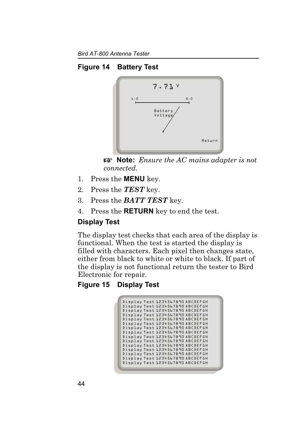 Figure 14 battery test, Display test, Figure 15 display test | Bird Technologies AT-800-Manual User Manual | Page 62 / 74