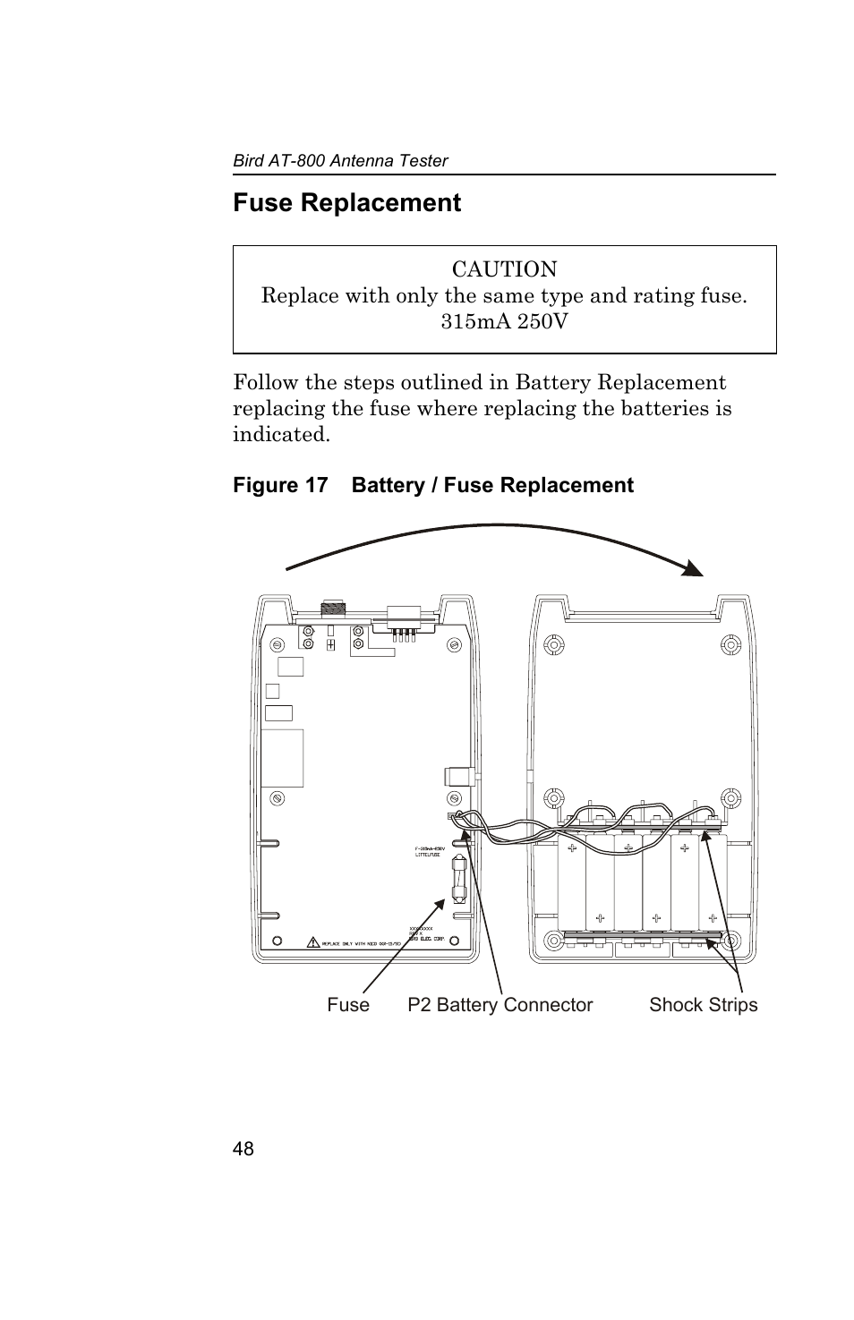 Fuse replacement, Figure 17 battery / fuse replacement | Bird Technologies AT-800-Manual User Manual | Page 66 / 74