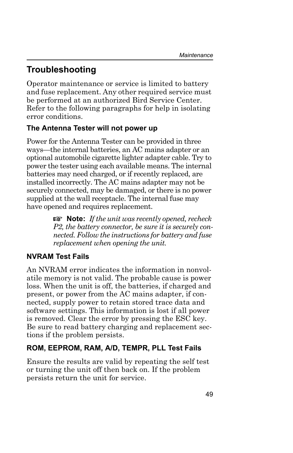 Troubleshooting, The antenna tester will not power up, Nvram test fails | Rom, eeprom, ram, a/d, tempr, pll test fails, The antenna tester, Nvram test fails rom, eeprom, ram, a/d | Bird Technologies AT-800-Manual User Manual | Page 67 / 74