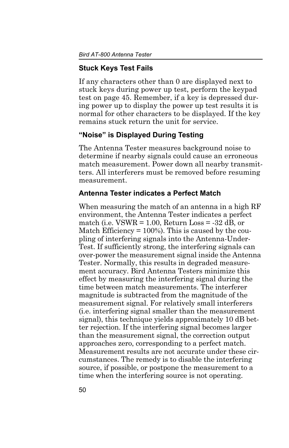 Stuck keys test fails, Noise” is displayed during testing, Antenna tester indicates a perfect match | Stuck keys test fails “noise” is displayed, Antenna tester indicates | Bird Technologies AT-800-Manual User Manual | Page 68 / 74