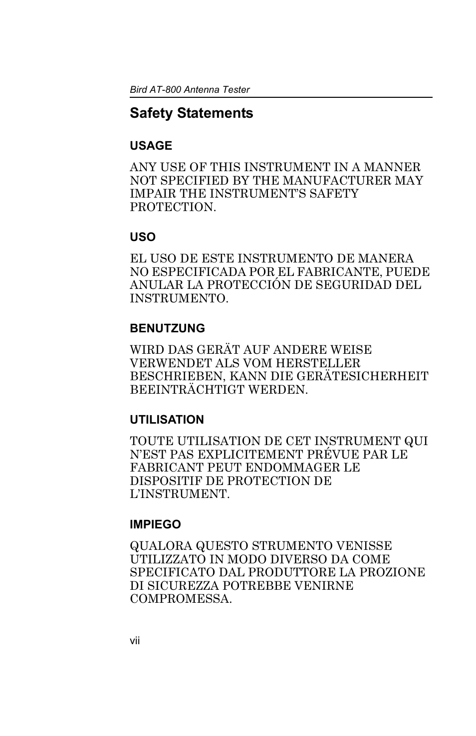 Safety statements | Bird Technologies AT-800-Manual User Manual | Page 8 / 74
