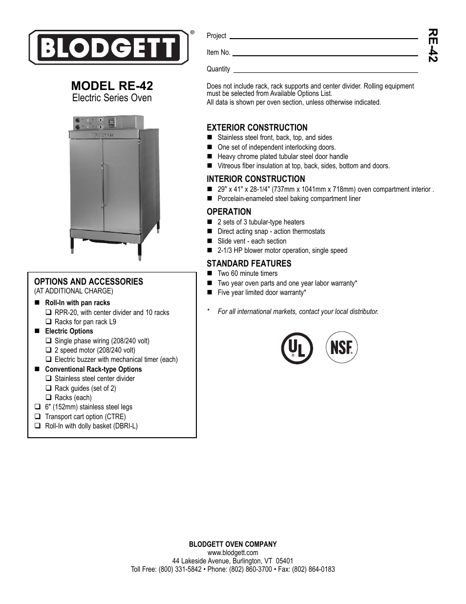 Blodgett RE-42 User Manual | 2 pages