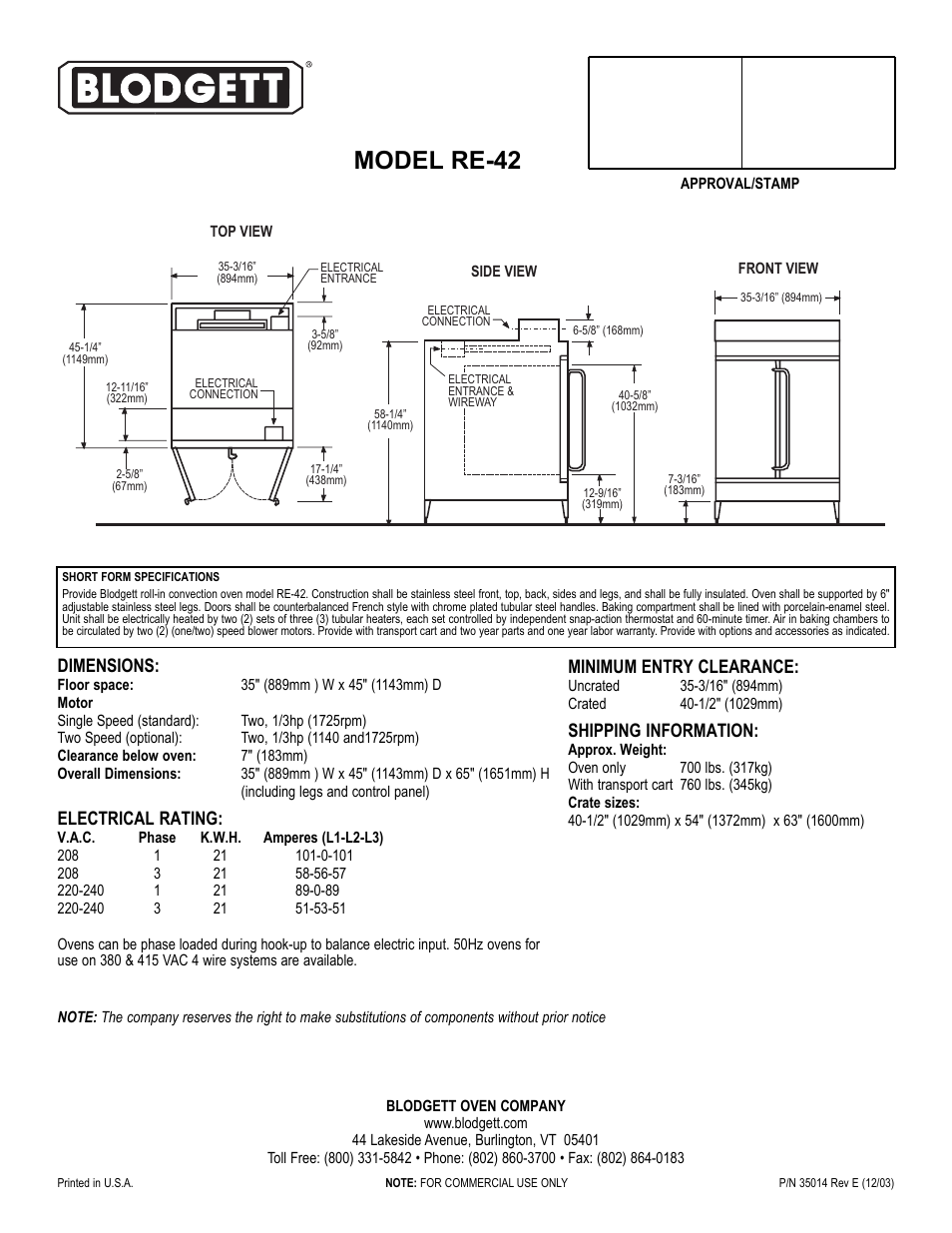 Model re-42, Dimensions, Electrical rating | Minimum entry clearance, Shipping information | Blodgett RE-42 User Manual | Page 2 / 2