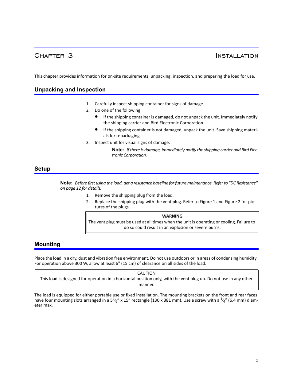 Chapter 3 installation, Unpacking and inspection, Setup | Mounting, Unpacking and inspection setup mounting | Bird Technologies 8251 Series-Manual User Manual | Page 15 / 30