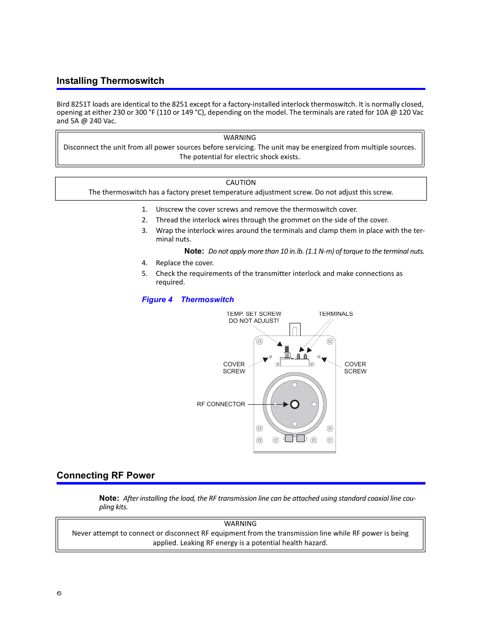 Installing thermoswitch, Figure 4 thermoswitch, Connecting rf power | Installing thermoswitch connecting rf power | Bird Technologies 8251 Series-Manual User Manual | Page 16 / 30