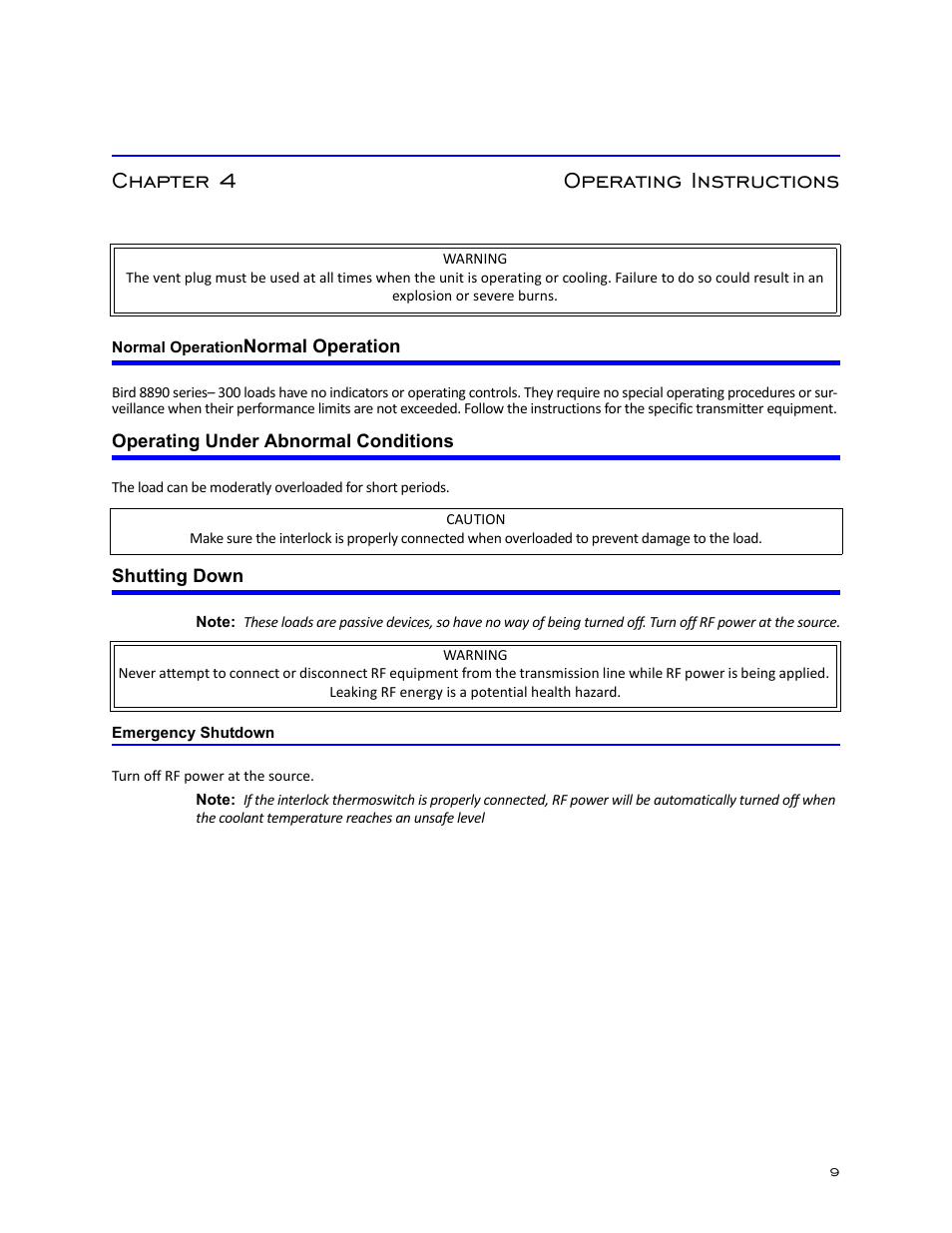 Chapter 4 operating instructions, Normal operationnormal operation, Operating under abnormal conditions | Shutting down, Emergency shutdown | Bird Technologies 8251 Series-Manual User Manual | Page 19 / 30