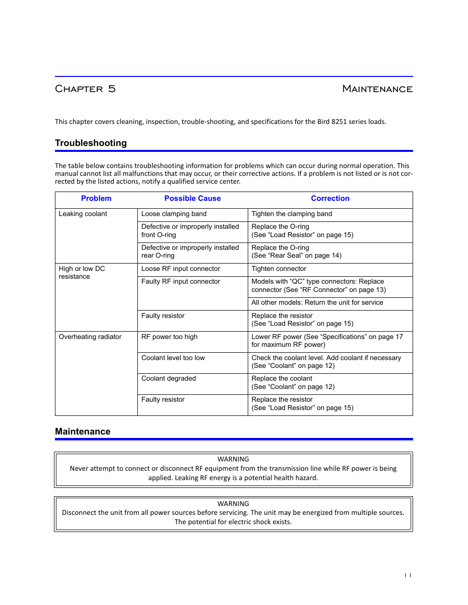 Chapter 5 maintenance, Troubleshooting, Maintenance | Troubleshooting maintenance | Bird Technologies 8251 Series-Manual User Manual | Page 21 / 30