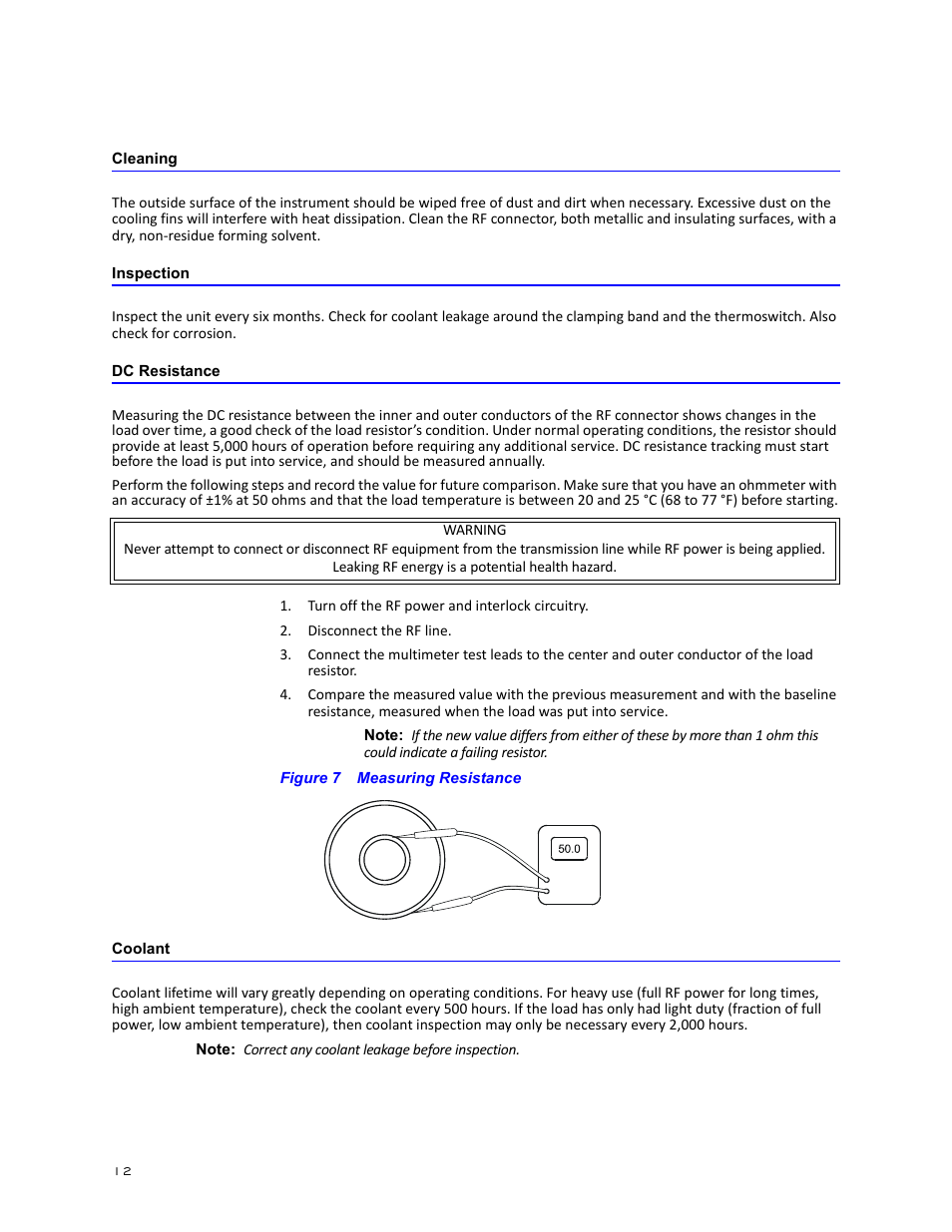 Cleaning, Inspection, Dc resistance | Figure 7 measuring resistance, Coolant, Cleaning inspection dc resistance coolant | Bird Technologies 8251 Series-Manual User Manual | Page 22 / 30