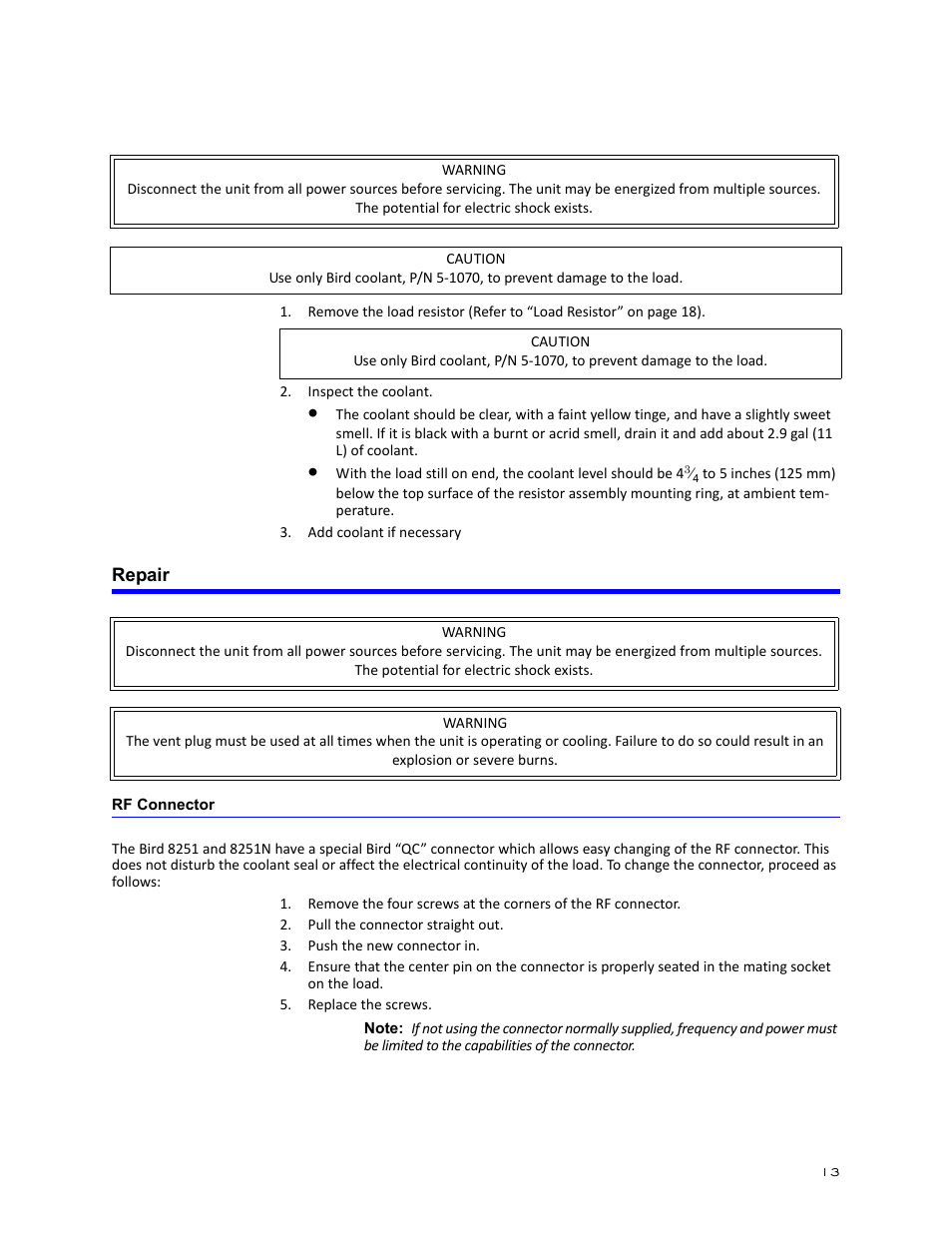 Repair, Rf connector | Bird Technologies 8251 Series-Manual User Manual | Page 23 / 30