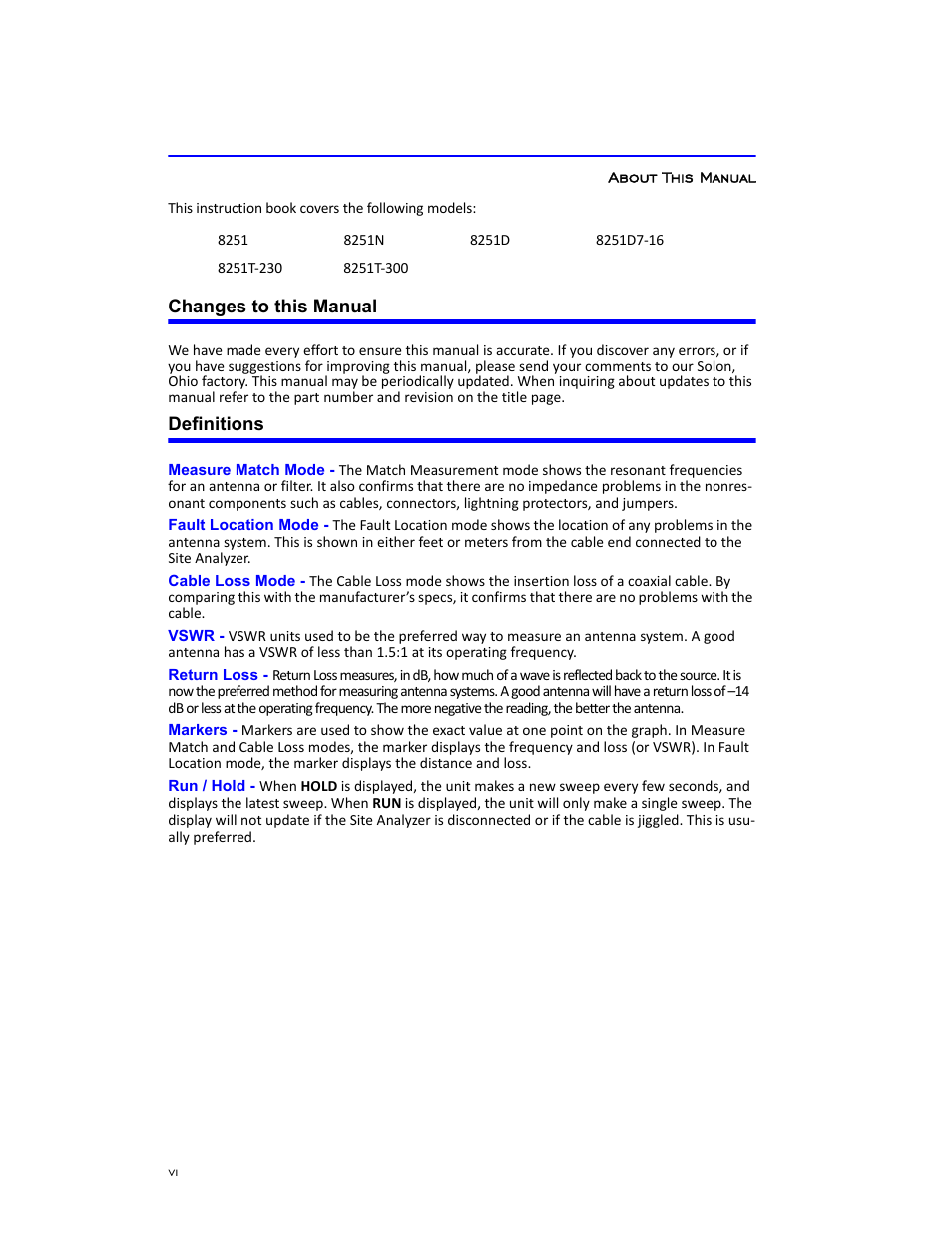 About this manual, Changes to this manual, Definitions | Bird Technologies 8251 Series-Manual User Manual | Page 8 / 30