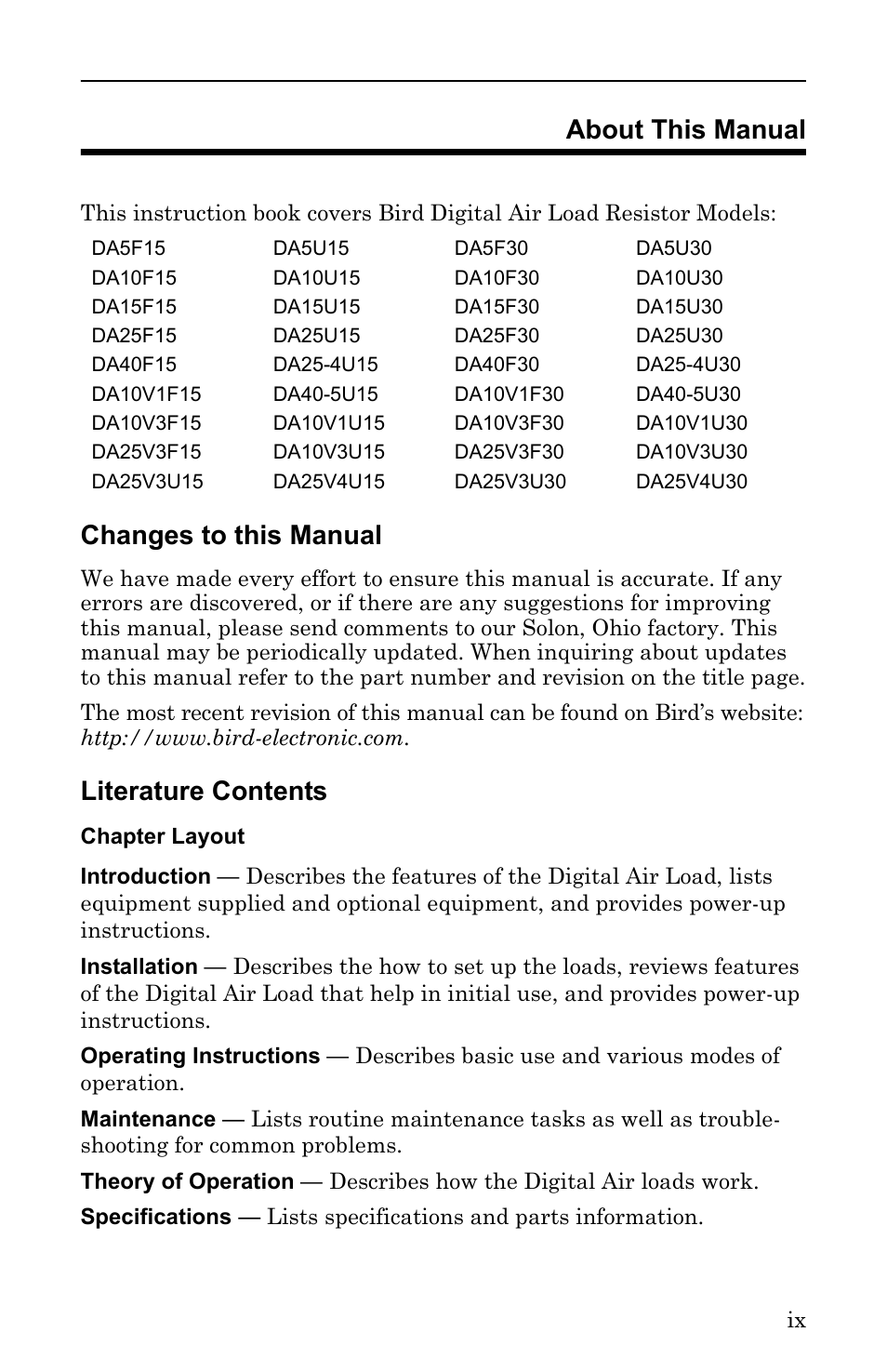 About this manual, Changes to this manual, Chapter layout | Literature contents | Bird Technologies DA40 UHF Series-Manual User Manual | Page 11 / 47
