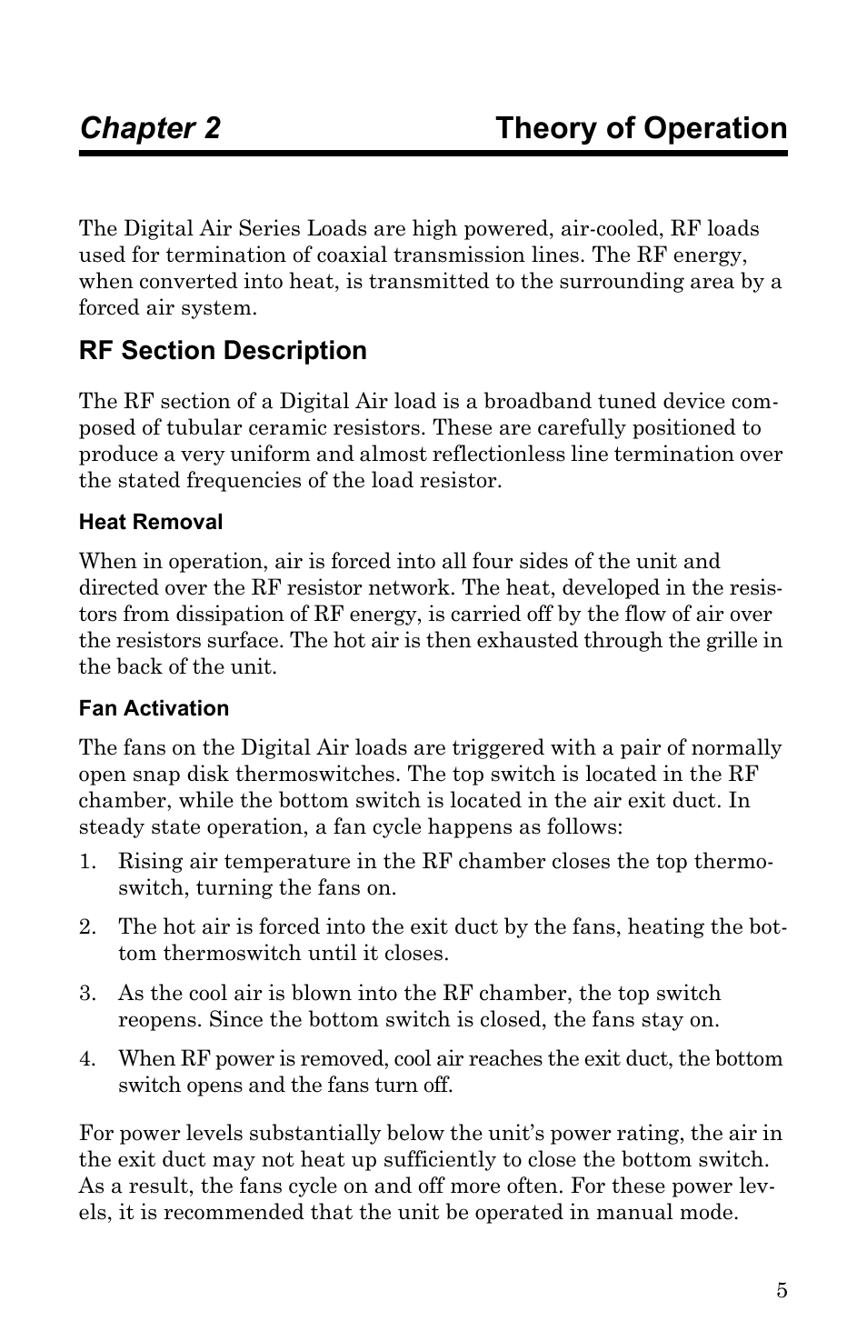 Chapter 2 theory of operation, Rf section description, Heat removal | Fan activation, Heat removal fan activation | Bird Technologies DA40 UHF Series-Manual User Manual | Page 19 / 47