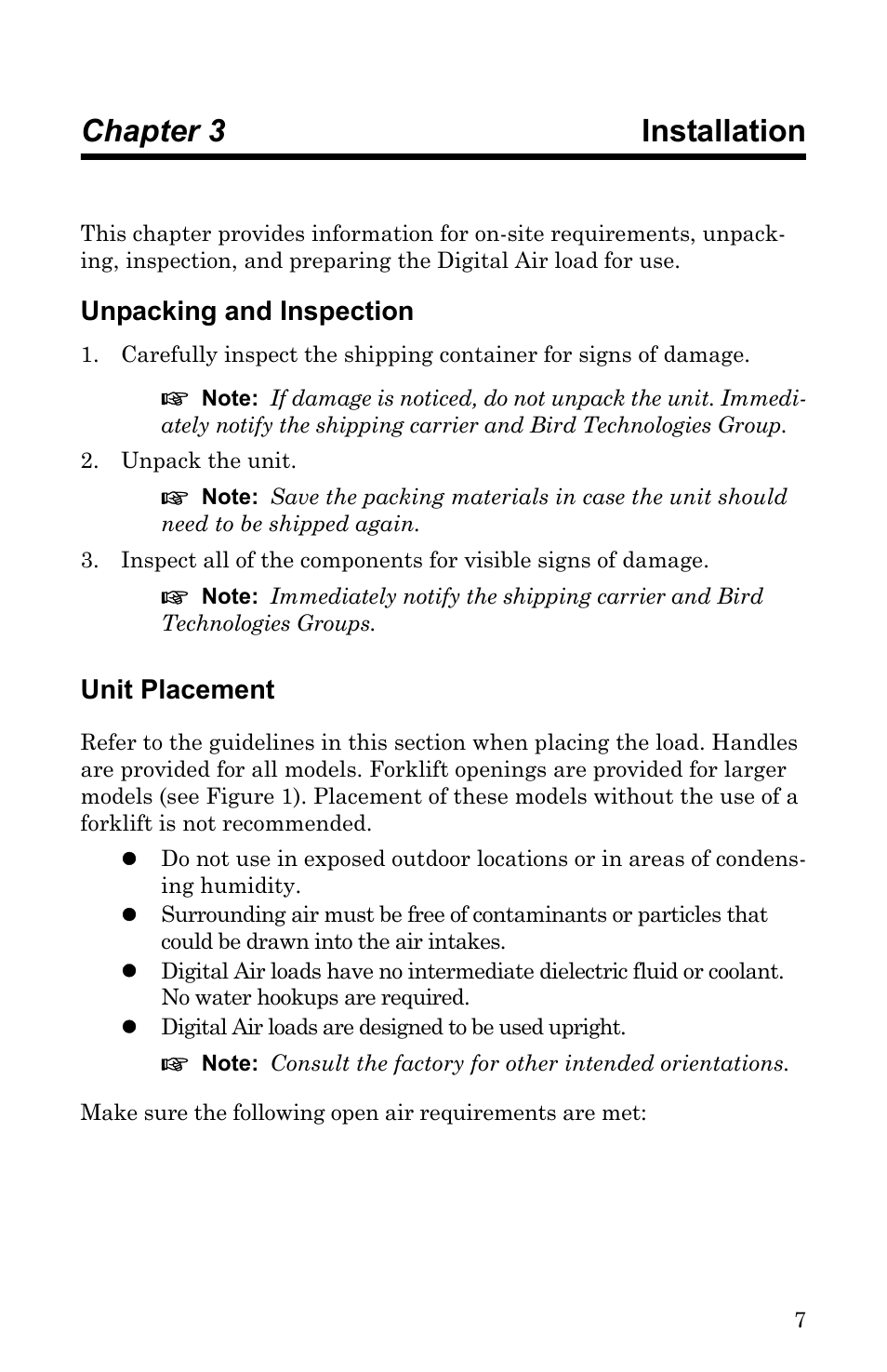 Chapter 3 installation, Unpacking and inspection, Unit placement | Unpacking and inspection unit placement | Bird Technologies DA40 UHF Series-Manual User Manual | Page 21 / 47